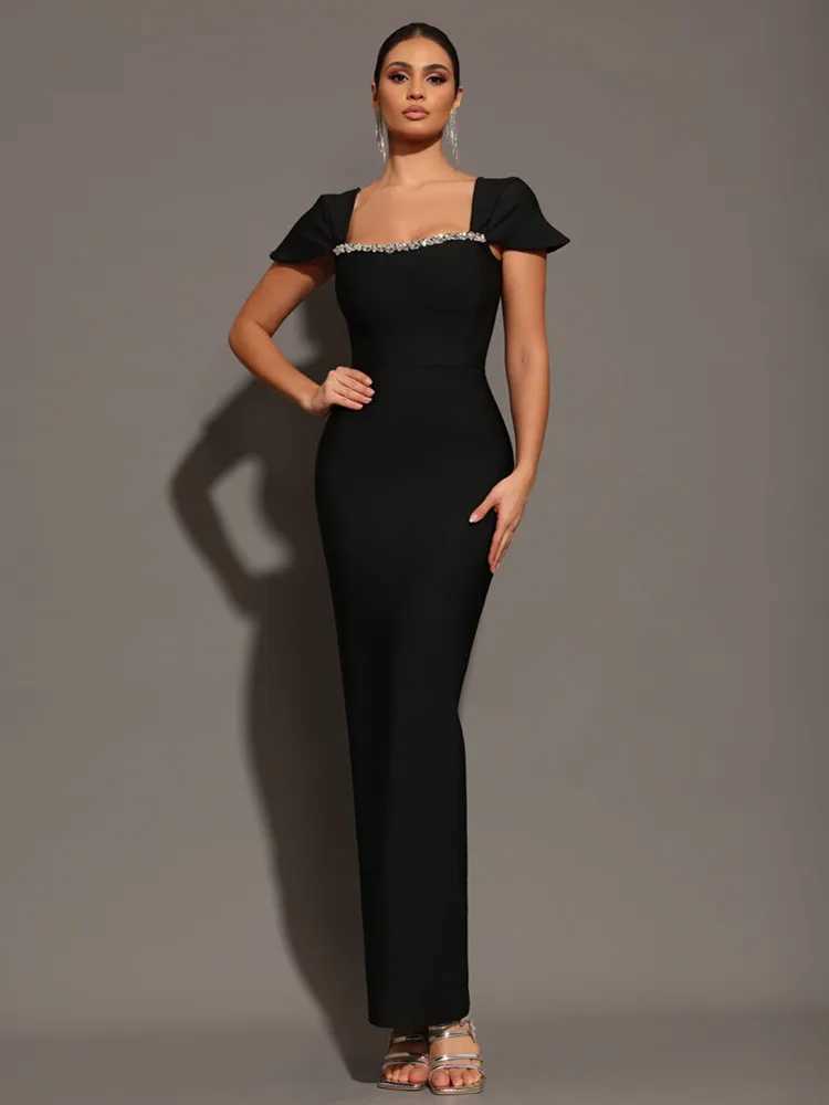 Womens Celebrity Sexy Square Collar Black Red Blue Maxi Long Belt Dress 2025 EleGant Nightclub Party Set W250430