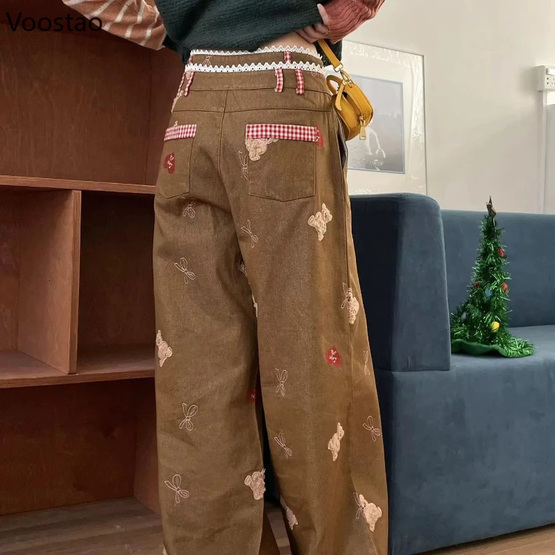 Harajuku Y2k lace high waisted jeans for women sweet cartoon bear embroidery plain weave wide leg denim pants 250423