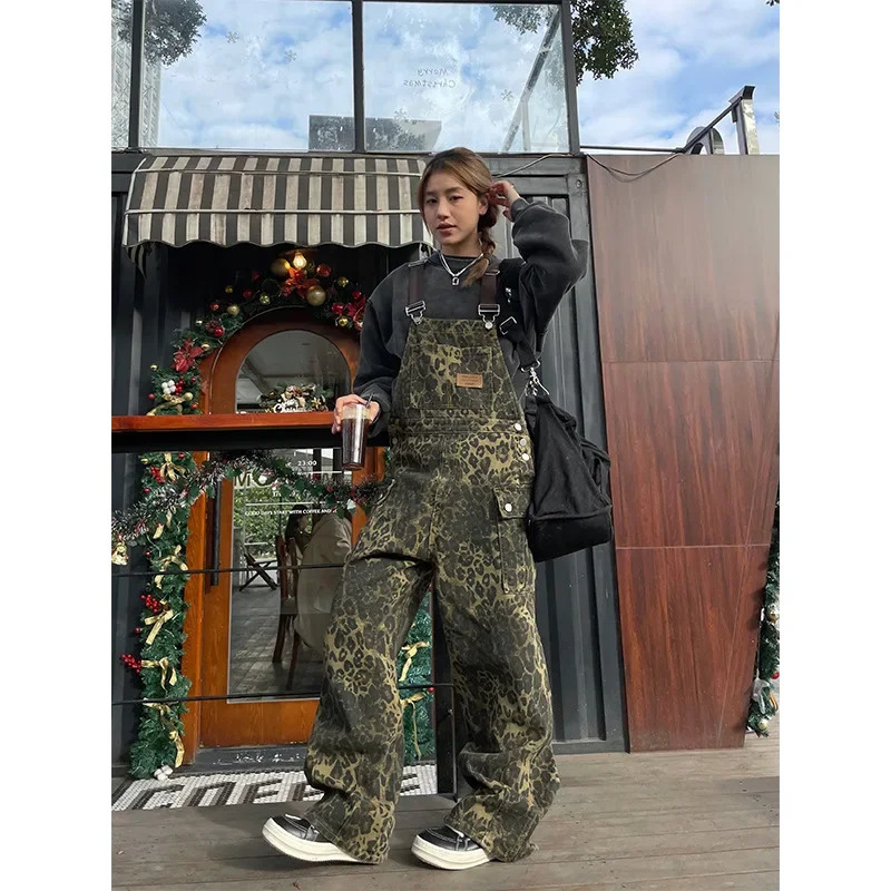 Plus size retro loose fit straight leg Leopard Slip on Pants American street wash for men and women with multiple pockets 250427