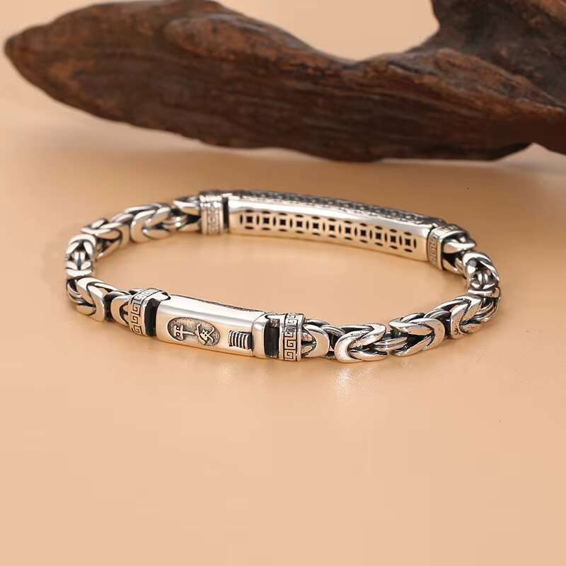 S925 Silver Unisex Personalized Rock Vintage Thai Silver Punk Cuban Chain Woven Bare Riding Whip Chain Hip Hop Bracelet for Men