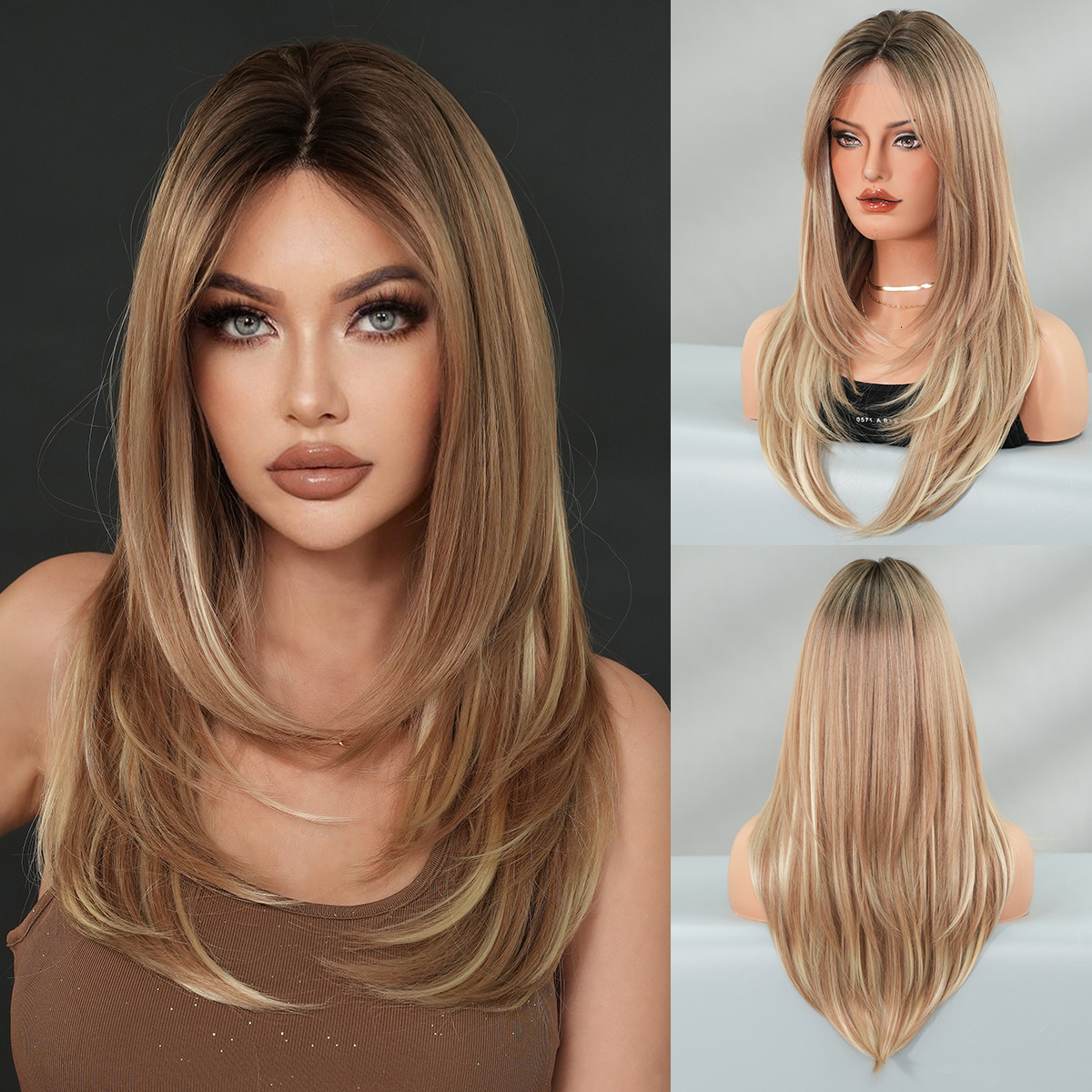 Hot Asian Girl Wig Gold Small Lace Wig Full Headset Layered Inner Buckle Straight Hair Simulation Sewing Wig