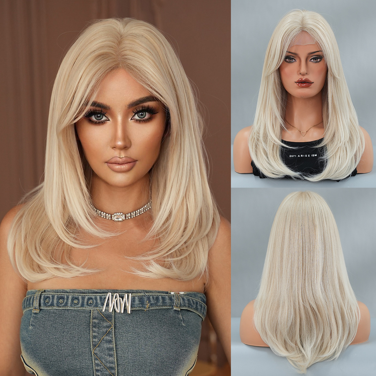 Hot Asian Girl Wig Gold Small Lace Wig Full Headset Layered Inner Buckle Straight Hair Simulation Sewing Wig