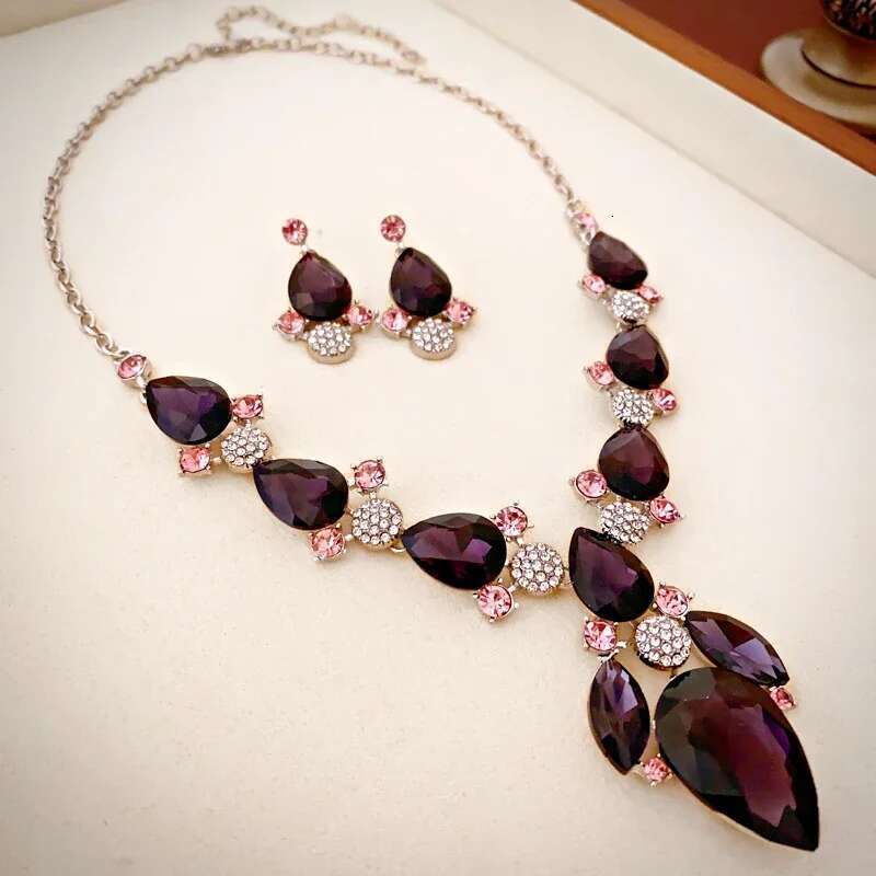 3 Pcs Colorful Rhinestone Necklace Earring Set Vintage Oval Drop Earrings Temperament Choker Necklaces Bride Jewelry Sets