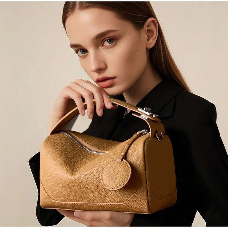 Women's Genuine Leather Small Square Ladies Boston Handbag Retro Versatile Commuter Crossbody Bag Clutch Tote