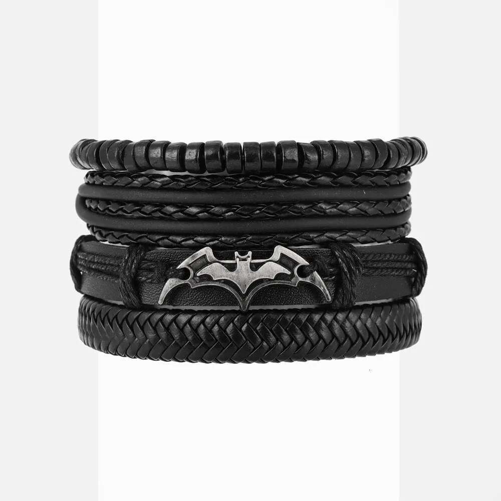 4Pcs/Set Leather Beaded Black Bat Charming Men's Bracelet New Fashion Hip Hop Punk Accessories Jewelry Gift Wholesale