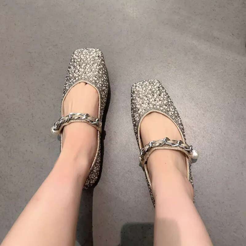 New Brand Women Rhinestone Flats Pearl Loafers Sparkling Sequined Shoes Strapless Buckle Sandals Casual Shoe