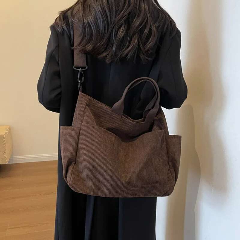 Simple Color Multi Pocket Corduroy Tote Bag Large Capacity Casual Backpack Suitable For Outdoor Travel Commuting Work Handbags Bag