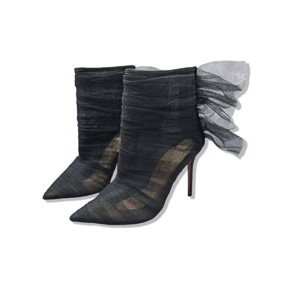 Pointed Zipper Ankle Boot 10cmHeels Ladies Low BootS Mysterious and Sexy Shoes Black Lace Boots For Woman