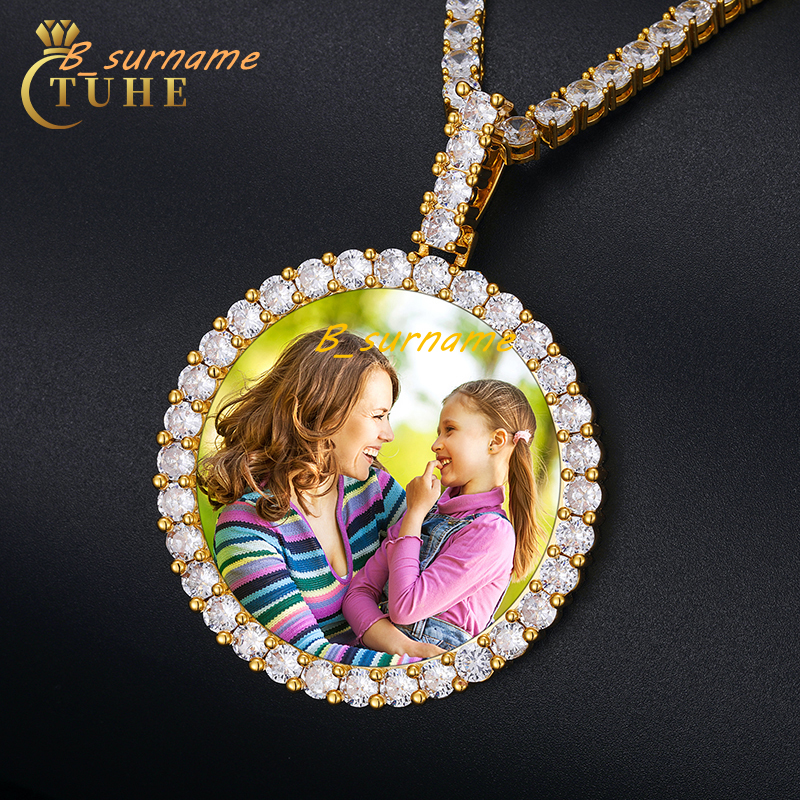 Memorial Picture Necklace Jewelry 42mm Real Gold Plated Brass AAAAA CZ Diamond Round Custom Photo Pendant With Chain