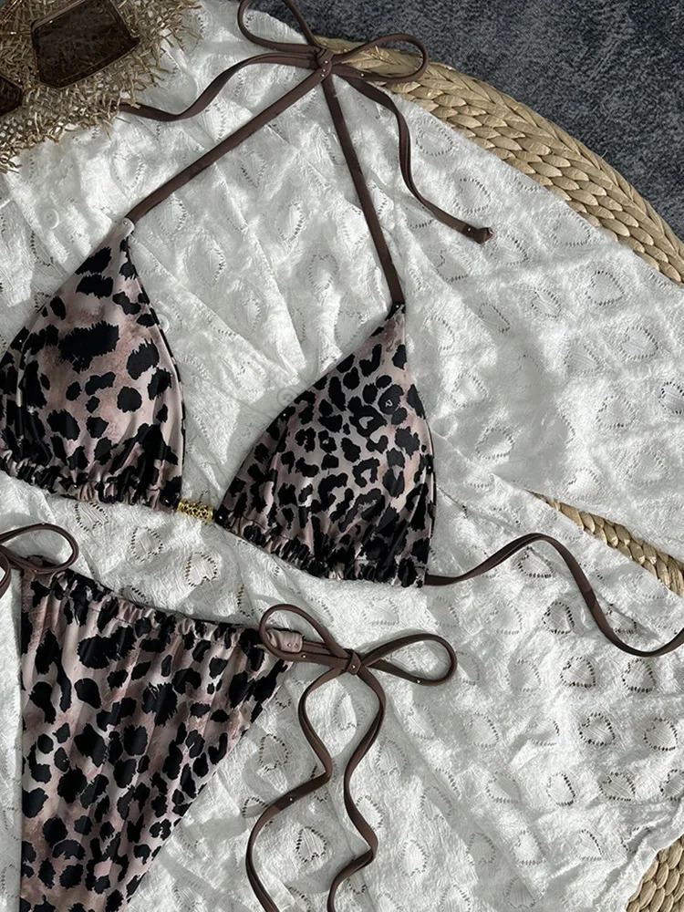 2025 Summer Swimwear Bikinis Set Sexy Laced Up Backless Leopard Bikini 2 Piece Set Women Split Waist Beach Vacation Bikini 250428