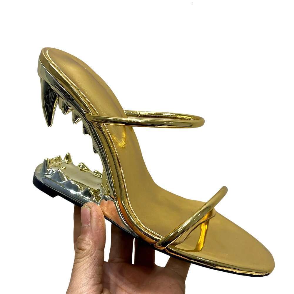 Fashion Woman Strange High Pump Shark Heel Pointed Toe Female Women Slip On Patent Leather Sier Black Shoes