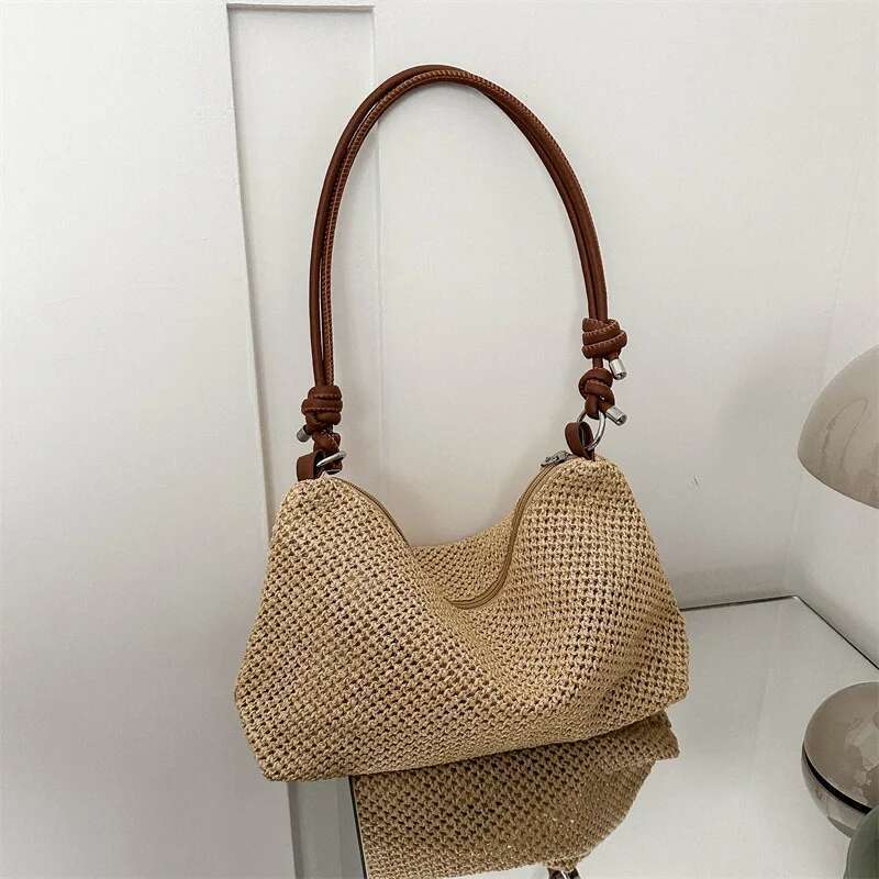 Woven Patchwork Casual Straw Shoulder Beach Tote Bag