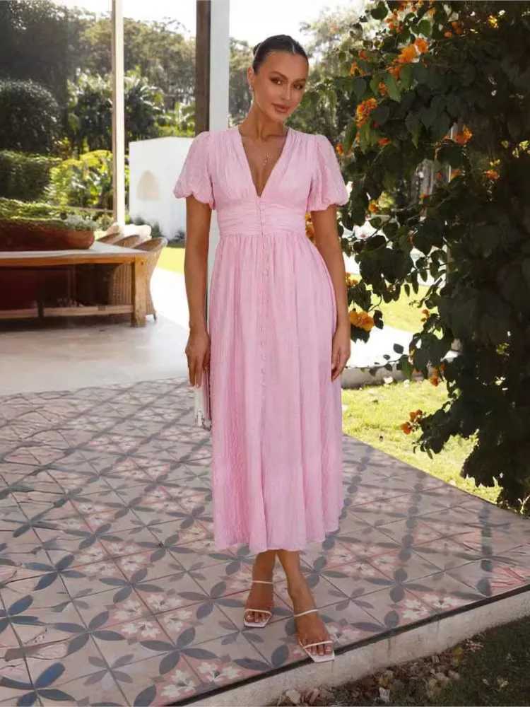 Summer New Fashion Womens Solid V-neck Puff Sleeve Button Office Party Dress Casual Elegant Womens Club Dress Vestidos W250430