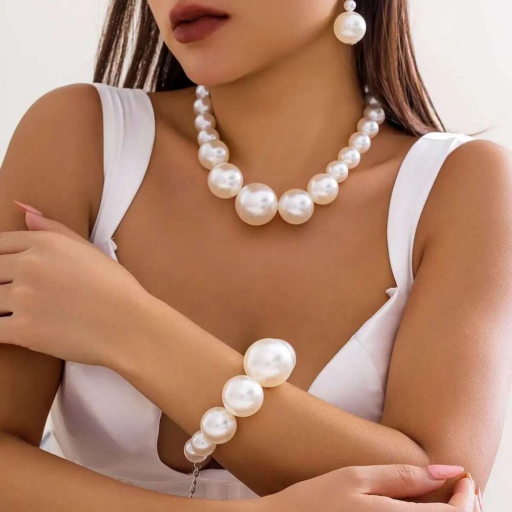 2Pcs Exaggerated Big Imitation Pearl Choker Necklace Bracelets For Women Wed Goth Bead Maxi Chain Grunge Jewelry Set Steampunk