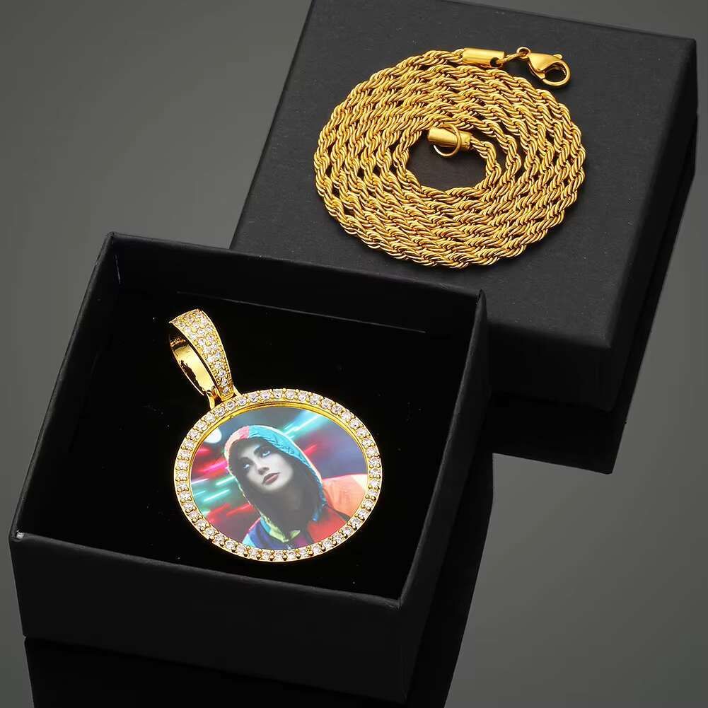 Engraved Custom Photo Pendant Necklace Frame Memory Medallions Pendant Necklace Mens Jewelry Silver Gold Necklaces Hiphop Zircon