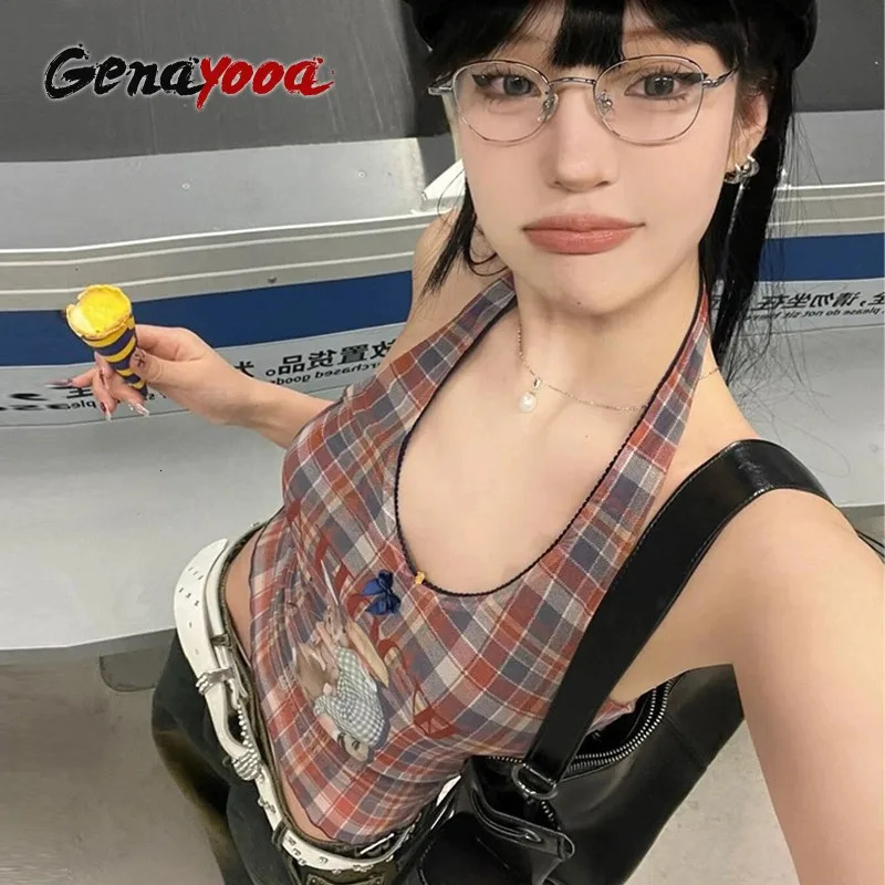 Genayooa retro mesh top womens sleeveless plain vest top Y2k retro backless camis top 2000s Japanese summer 250427