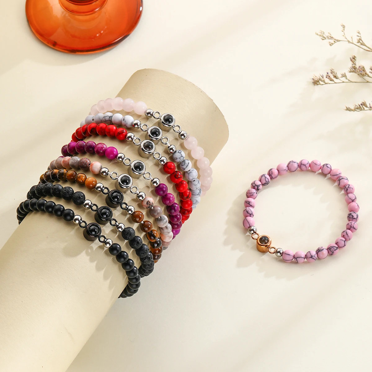 6mm Natural Stone Bead Bracelet Custom Picture Projection Bracelet Personalized Custom Po Jewelry Anniversary Memorial Gift 250430
