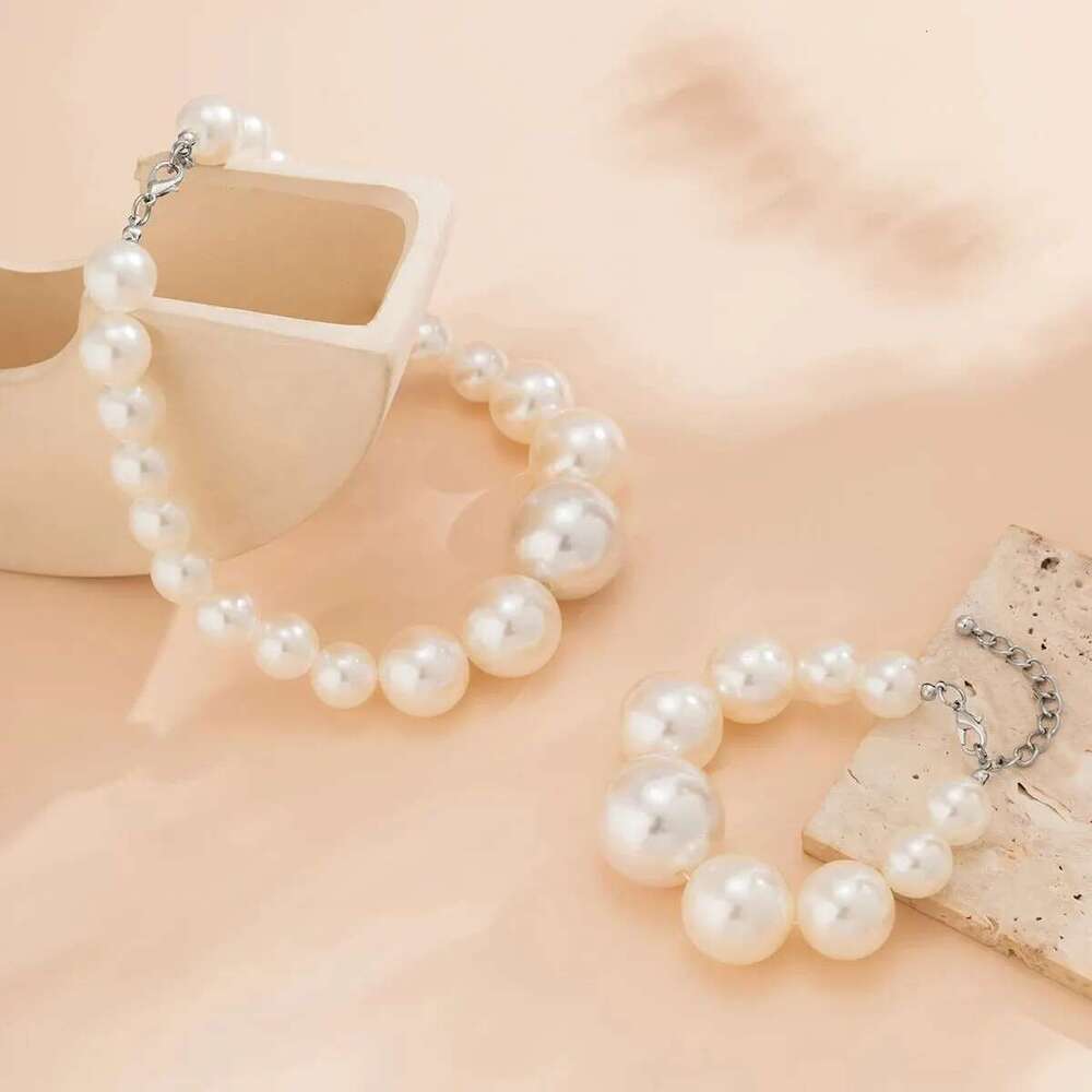 2Pcs Exaggerated Big Imitation Pearl Choker Necklace Bracelets For Women Wed Goth Bead Maxi Chain Grunge Jewelry Set Steampunk