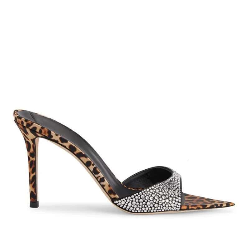 Leopard Printed Slip On Mules Shiny Crystal Thin Heeled Pointed Toe Pumps Stiletto Heels Party Women High Heel Shoes slippers