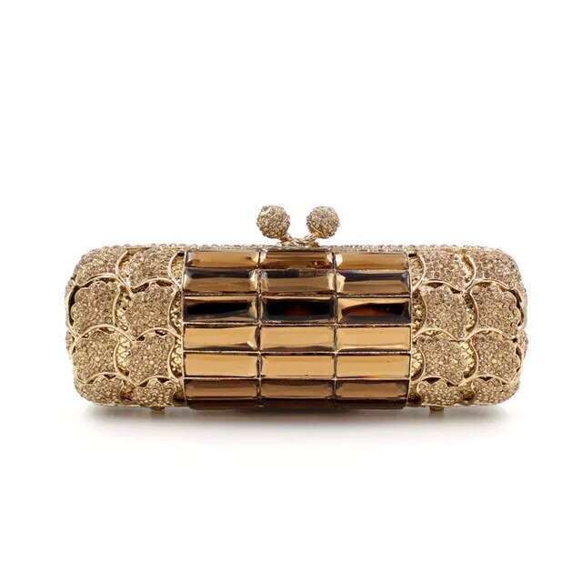 Dinner Bag Alloy Metal Studded Diamond Dinner Gold Apricot Blossom Brown Glass Hand Held Cylindrical Bag Club Bag KQ