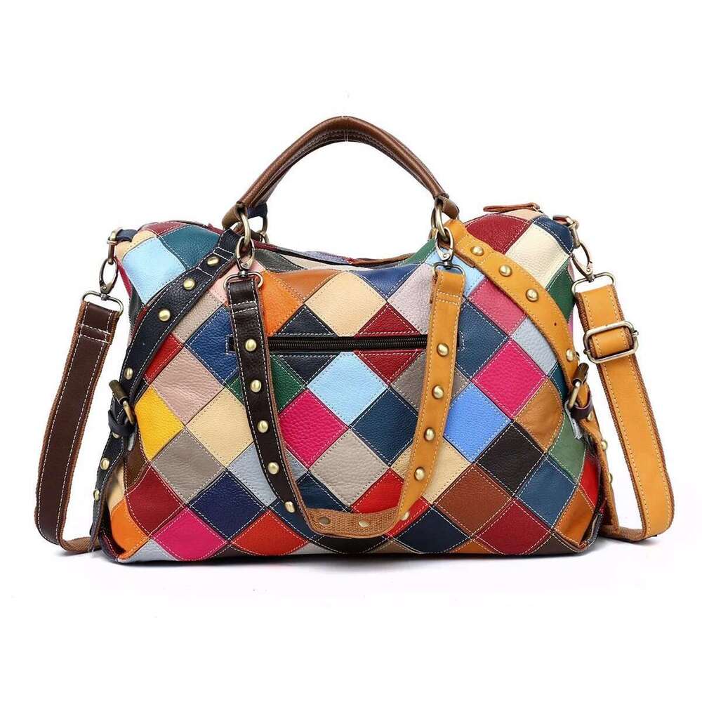 Leather Checkered Random Color Cowhide Rivets Women Multi-Purpose Hand Bill Shoulder Crossbody Bag