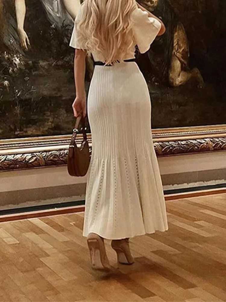2024 European and American Womens Fashion Knitted Single Chest Long Skirt Single Chest Splicing Long Skirt W250430