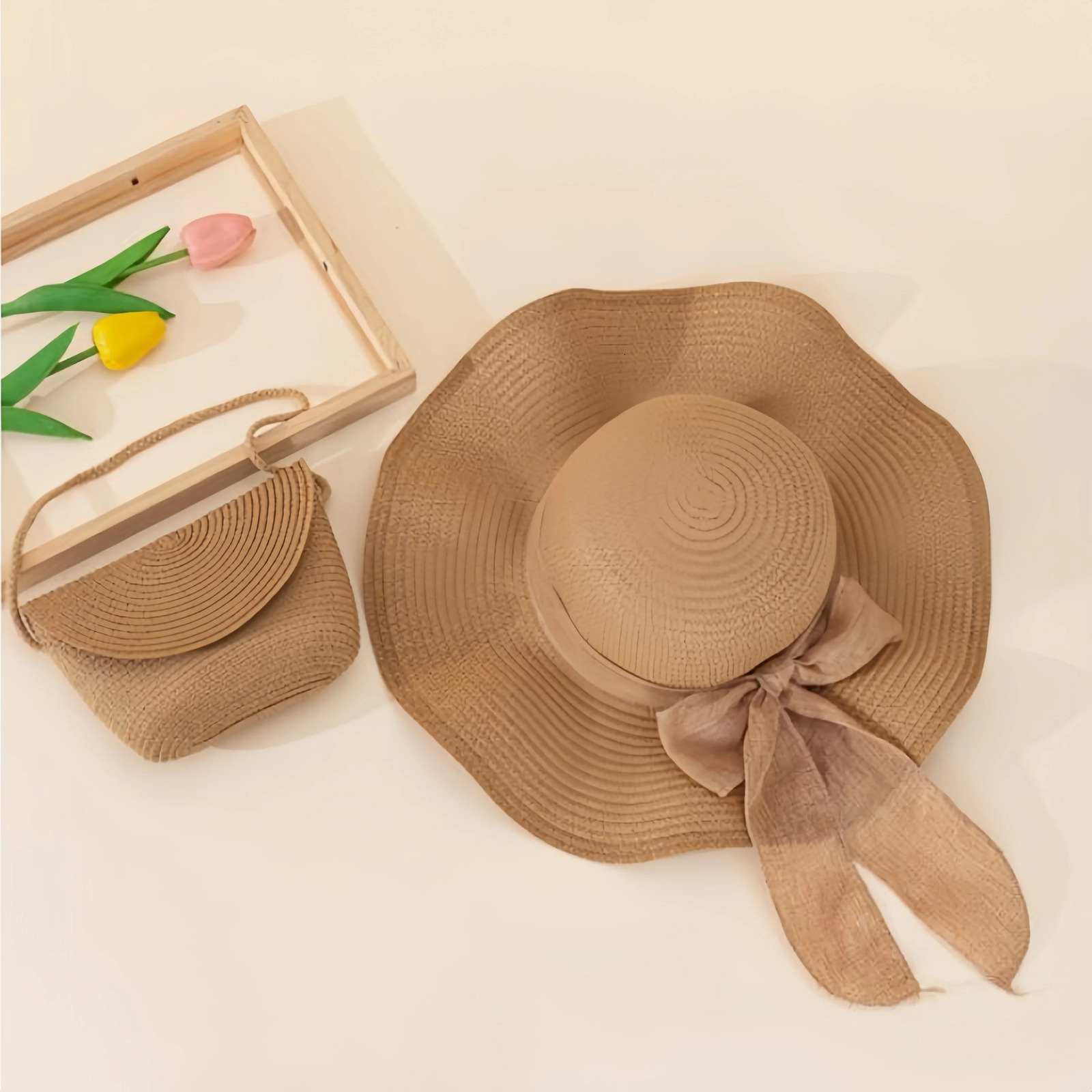 2 khaki wave beach womens sun hats and woven shoulder bags combined with fashionable pleated lightweight and breathable 250430