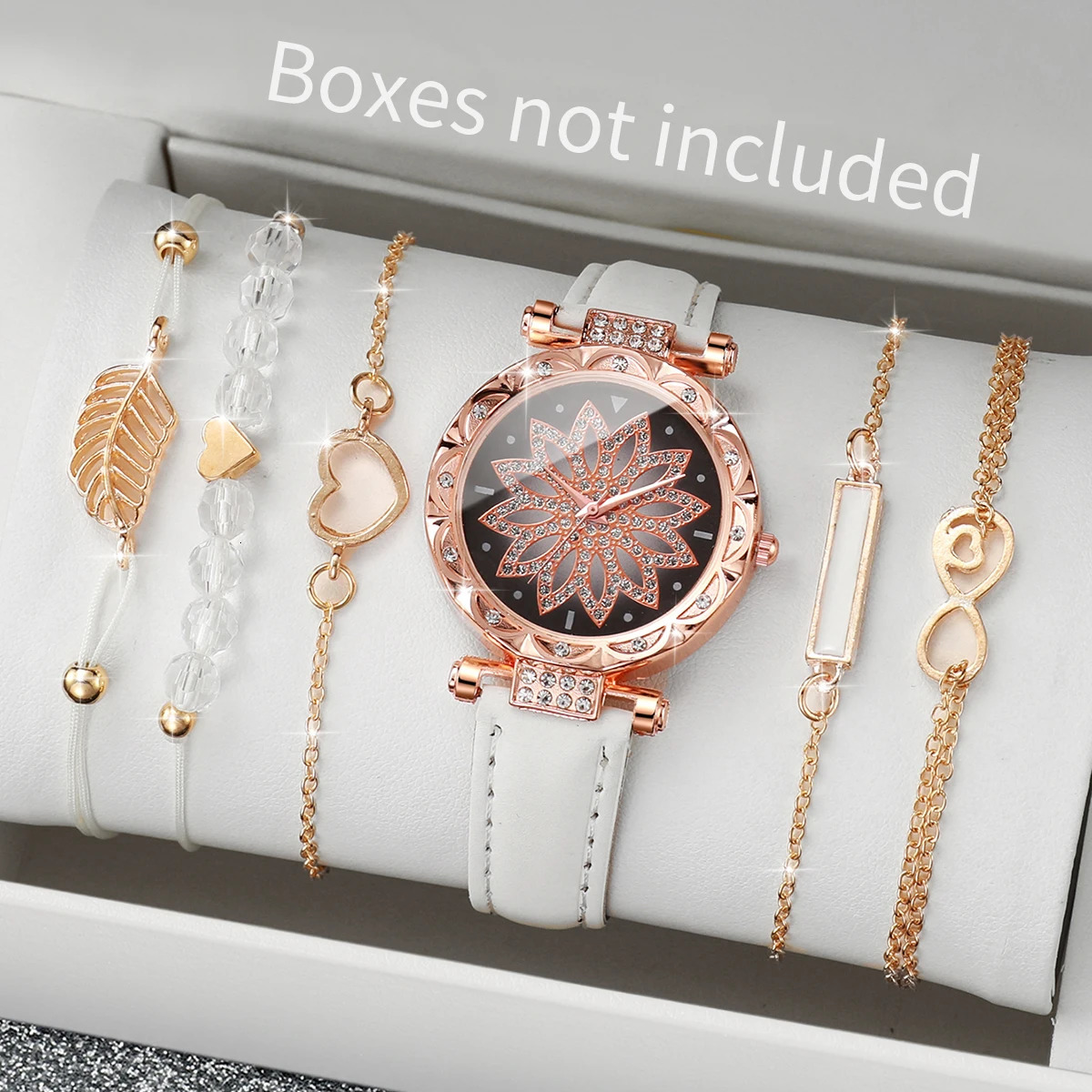 6-piece/set womens fashionable rhinestone flower dial quartz watch bracelet set frameless 250425