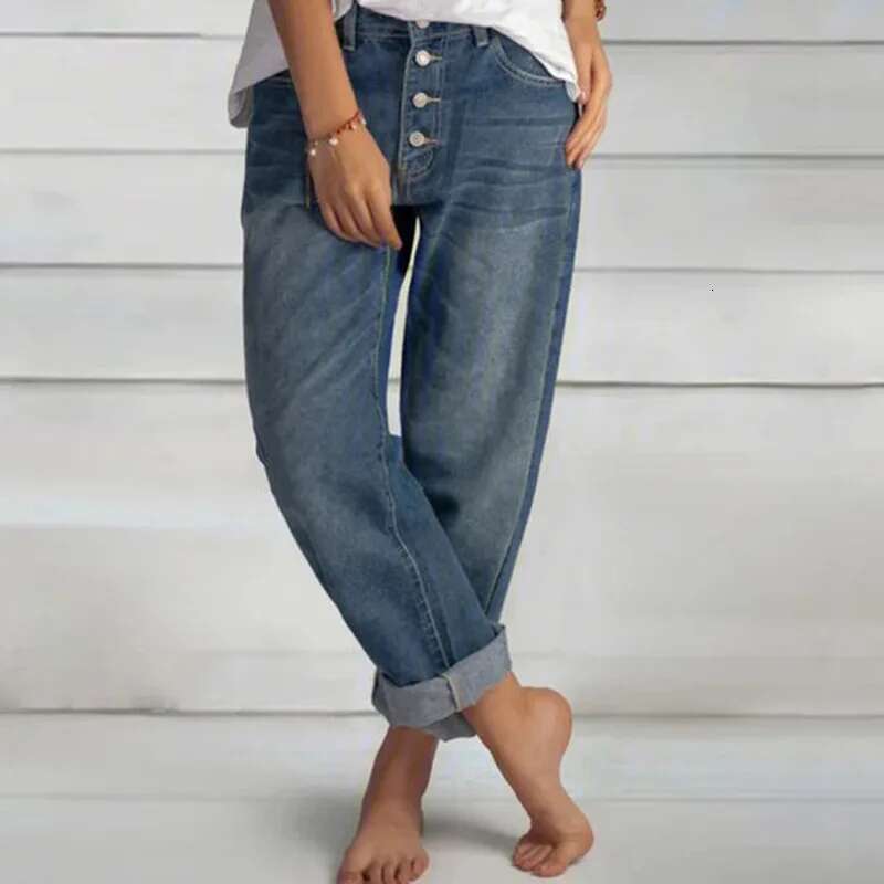 Jeans Straight Pants Women Denim Spliced Button Loose Pockets High Waist Wash Ankle Length fashion Vintage Distressed Basics