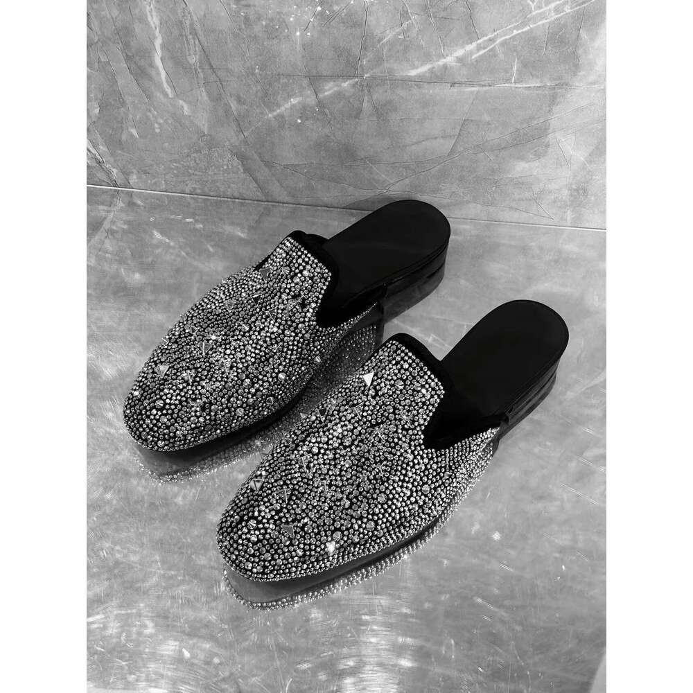 Rhinestone Men's Outdoor Slippers Slip-on Sier Glitter Sandals Flat Bottom Comfortable Men Shoes