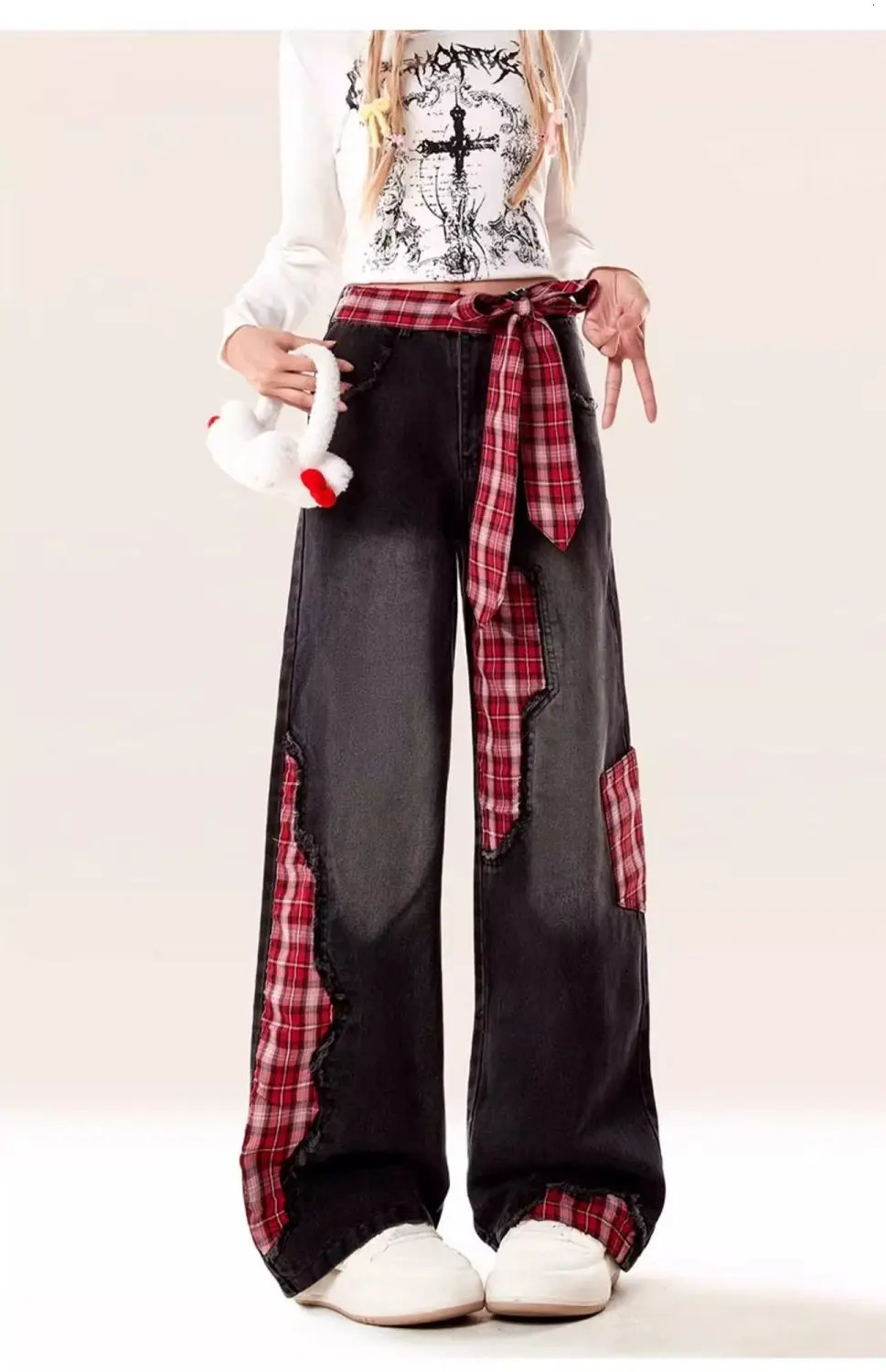 American retro pink plain patch bow jeans womens high waisted retro streetwear casual Y2K denim pants wide leg Trousers 250423