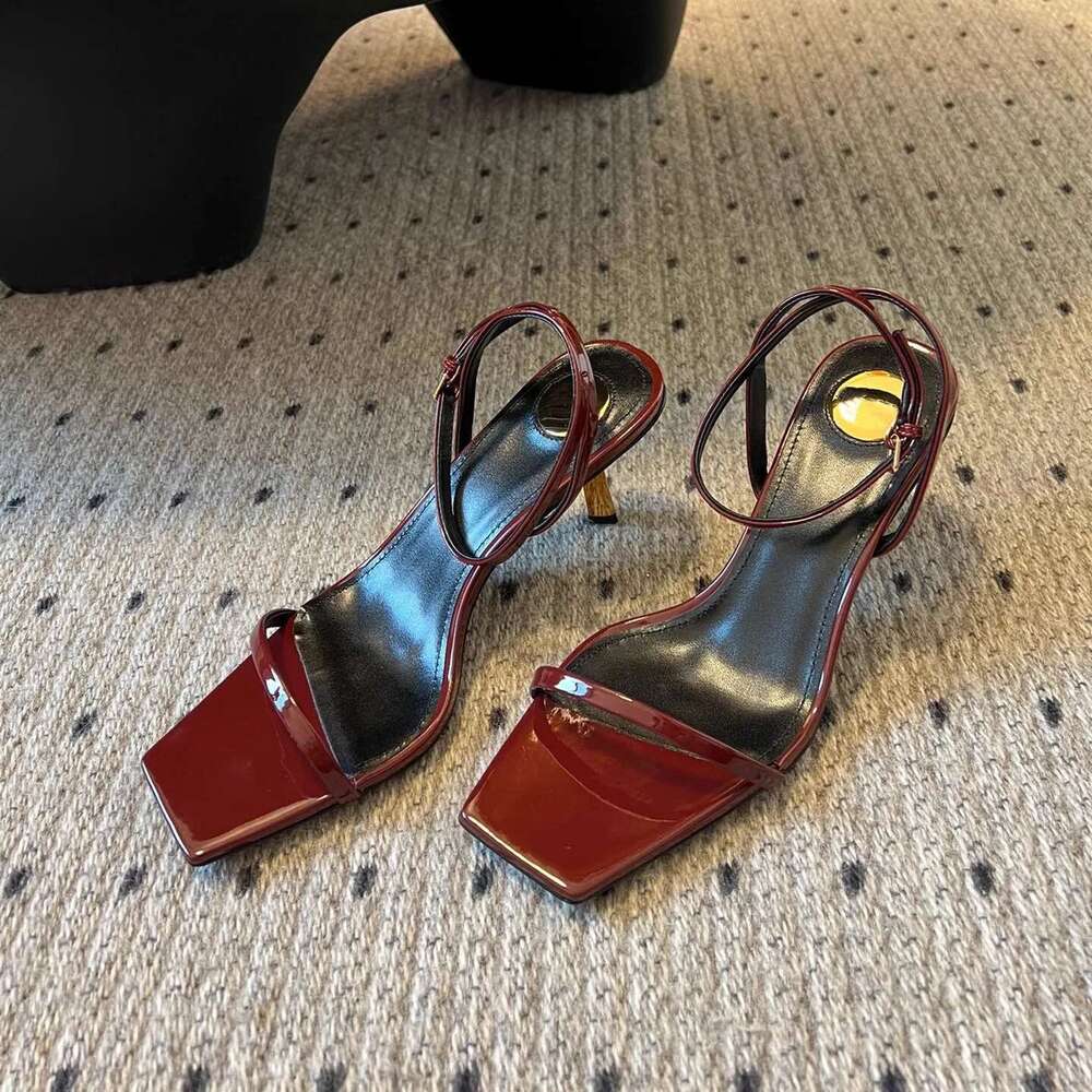 Elegant Square Toe Sandals Metal Design Single Ankle Strap Casual Foot Fighter Women's High Heels Party Dress Shoes