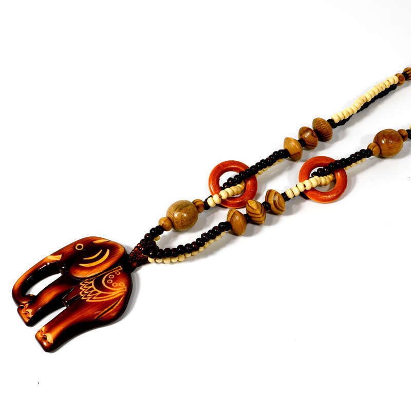 Bohemian Fashion Ethnic Style Long Necklace, Wooden Elephant Pendant, Sweater Chain, Men's And Women's Accessories