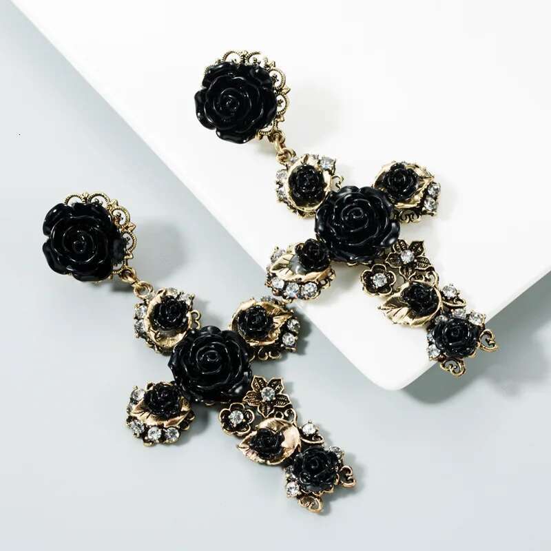 KMVEXO Baroque Vintage Gold Color Cross For Women Girls Enamel Rose Flowers Earrings Brincos Statement Jewelry 2022