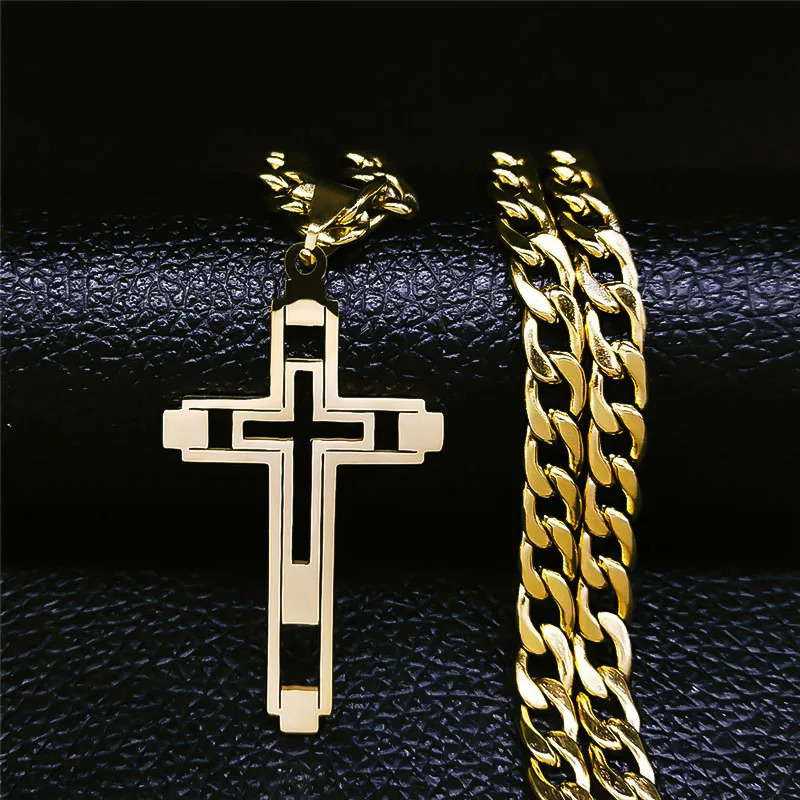 Hip Hop Cross Stainless Steel Chain Necklaces Gold Color Long Pendant Necklace for Women/Men Jewelry collier homme N6055S05 250428