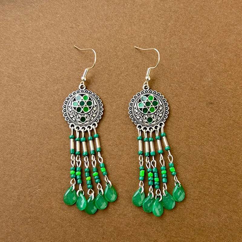 Green Natural Style Water Drop Feather Earrings For Women Vintage Boho Long Rhinestone Crystal Dangle Earring Vacation Jewelry