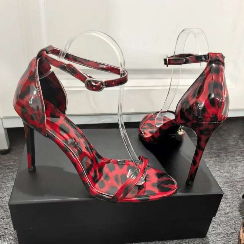 New Catwalk Thin Strap Leopard Print Sandals Sexy Open Shoes Round Buckle High Heels Party Banquet Women Shoe