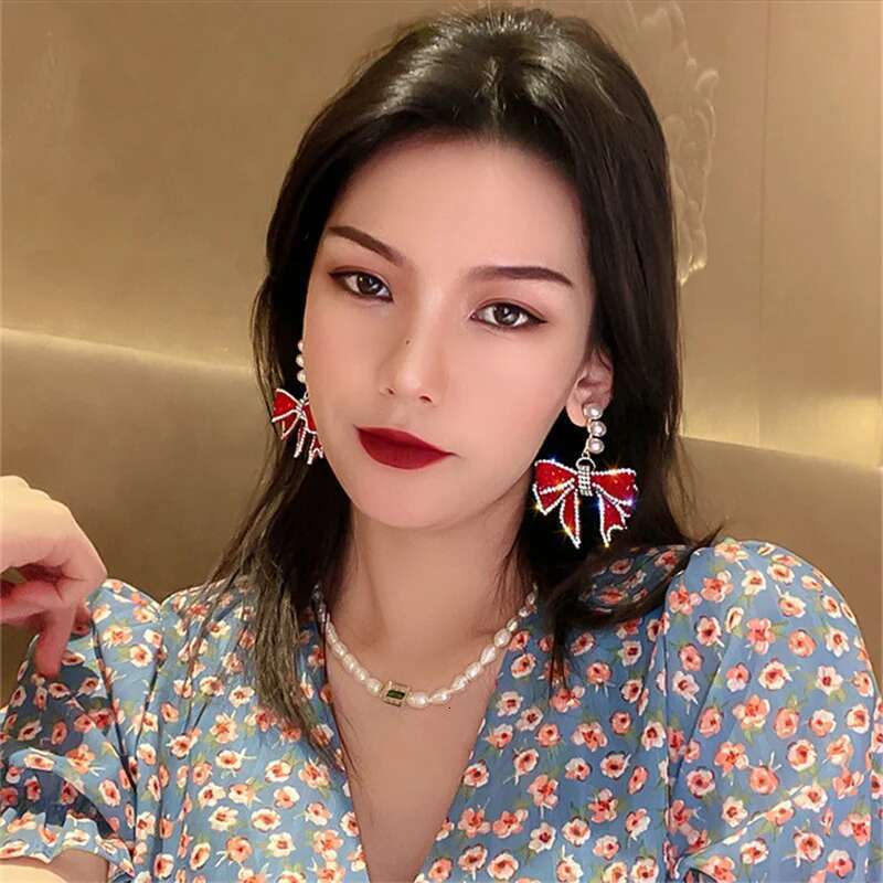 Red Bowknot Dangle Earrings For Women Three Pearl Rhinestone Earring Weddings Party Sparkle Jewelry Charms Accessories