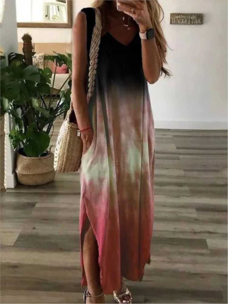 Gradient tie dye printed long sleeved womens fashionable casual V-neck loose seam vest womens summer A-line vest W250430