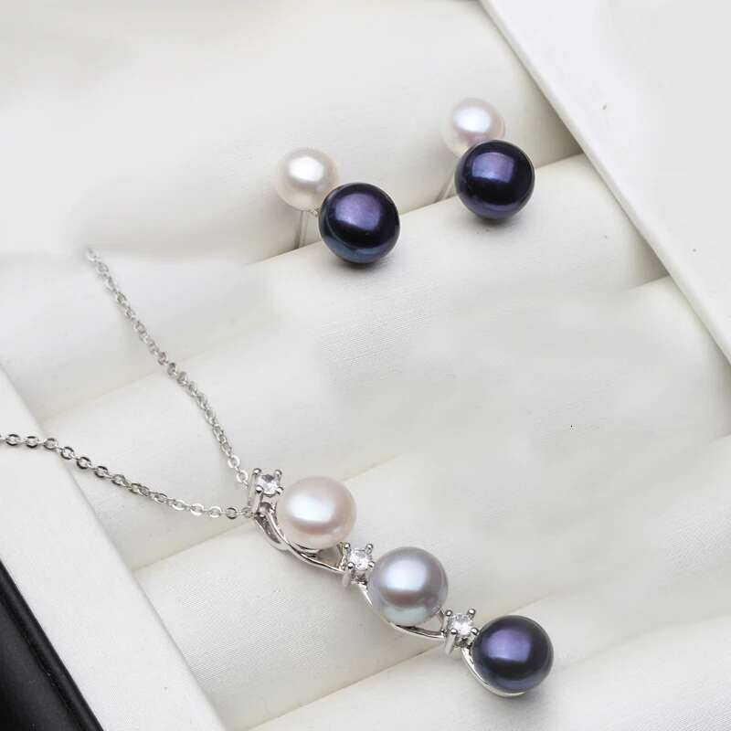 Wedding Sier Natural Freshwater Pearl Necklace And Earrings Set For Women Customers White Black