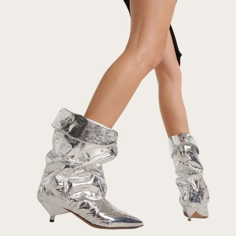 New Fashion Design Stiletto Pleated Shoes Comfortable Mid-calf Ankle Boots Pointed Thin High Heels Women