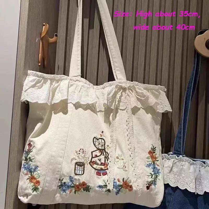 Spring Summer New Original Artistic Retro Lace Patchwork Embroidery Single Shoulder Denim Handbag Embroidered Canvas Bag