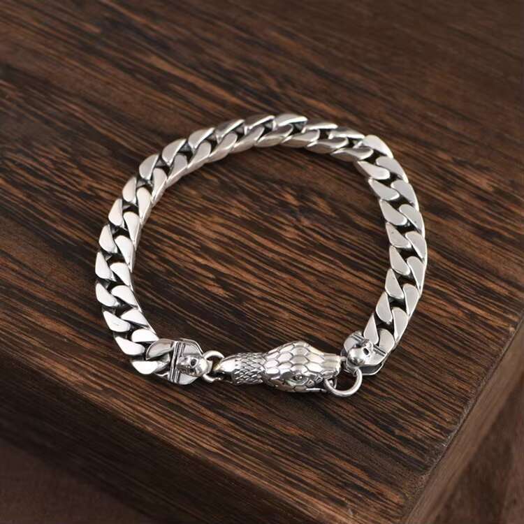 Mens Retro Hip Hop Snake Bracelet Real S925 Sterling Silver 925 Sterling Silver for Parties Boyfriend Jewelry