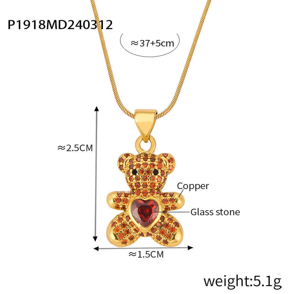 Version Of Korean Style New Fashionable, Light , Simple And Personalized Copper Material With Inlaid Teddy Bear Glass Dia Pendant Necklace Jewelry
