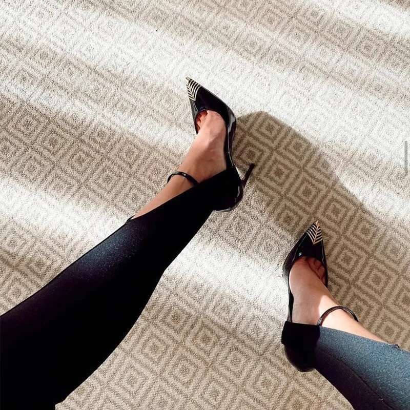 New Fashion Brand Metal Pointed Toe Women Ankle Buckle Shallow Mouth Slip-on Shoes Sexy Stiletto Heels
