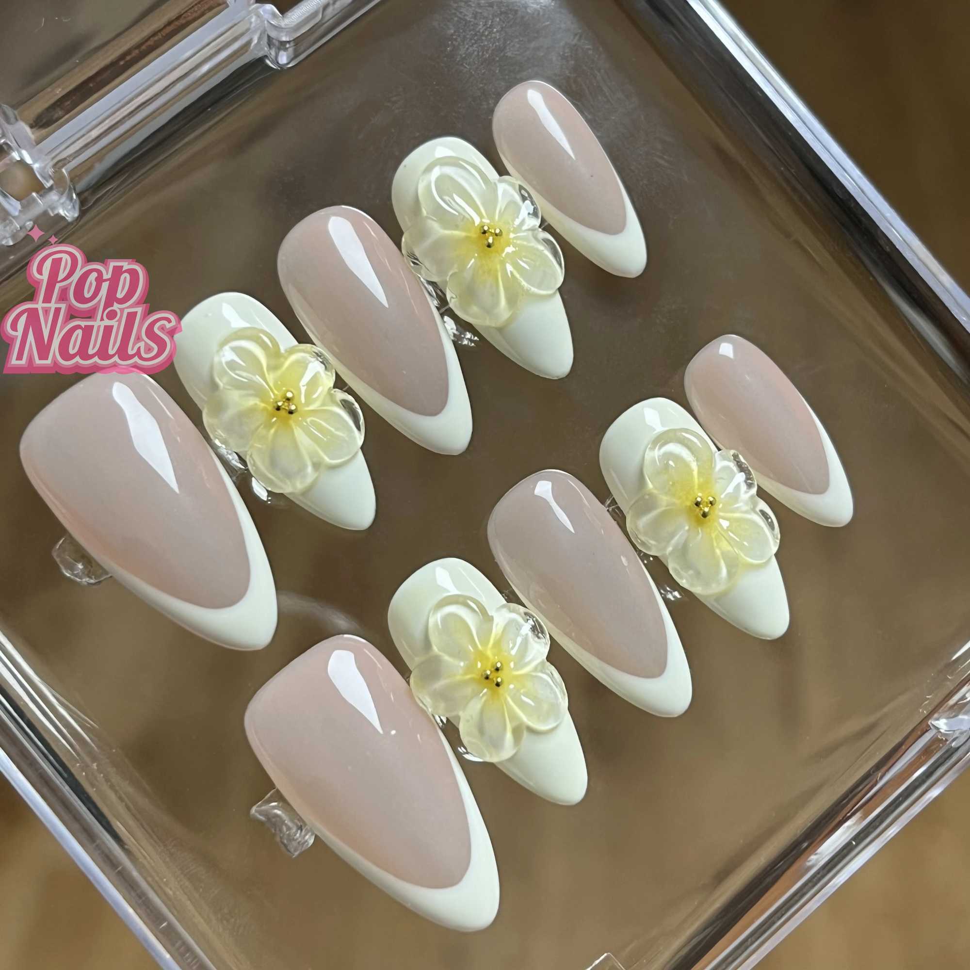 Almond 3D Yellow Flower Nail Art Cutting edge Acrylic Press Customization Medium Short Flower Press Handmade French Cutting edge Nail H25429