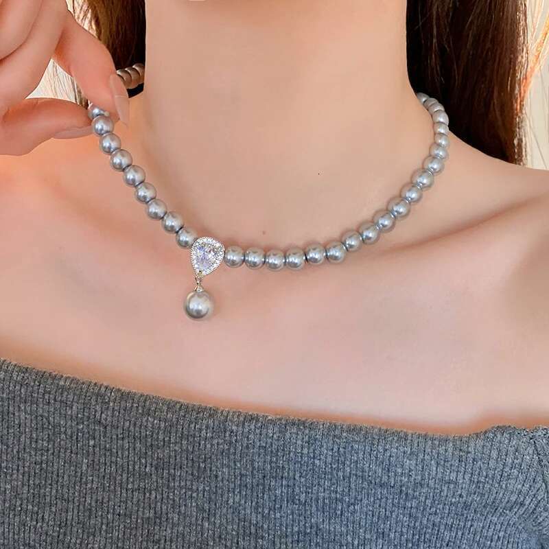 Pearl Zircon Pendant Water Drop Necklace For Women Retro Light Sweater Chain Necklaces Temperament Simple Jewelry Gift