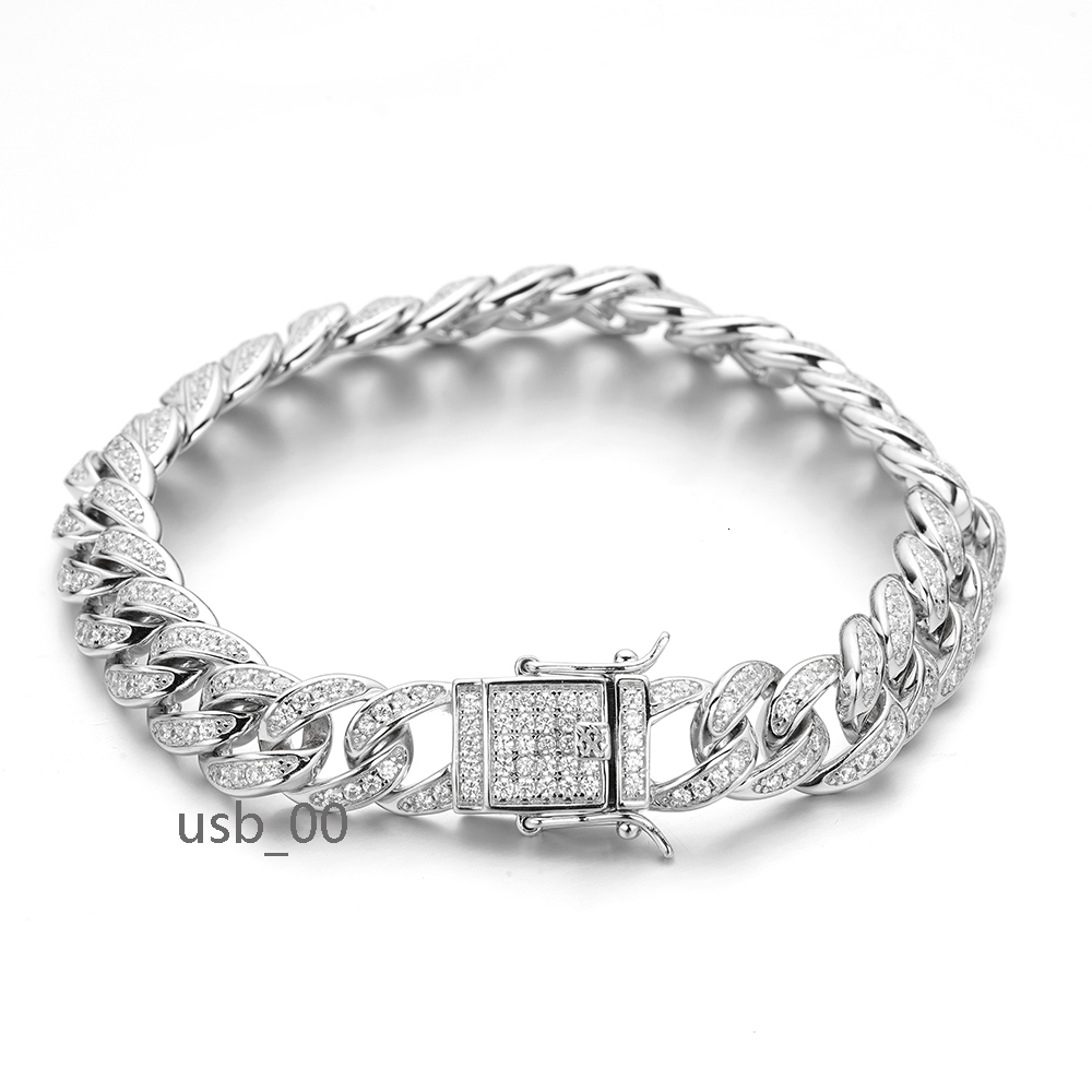 High Quality Hip Hop 925 Sterling Silver 9mm Miami Chain White Gold Plated Inset 5A Zircon Cuban Chain Bracelets for Gift
