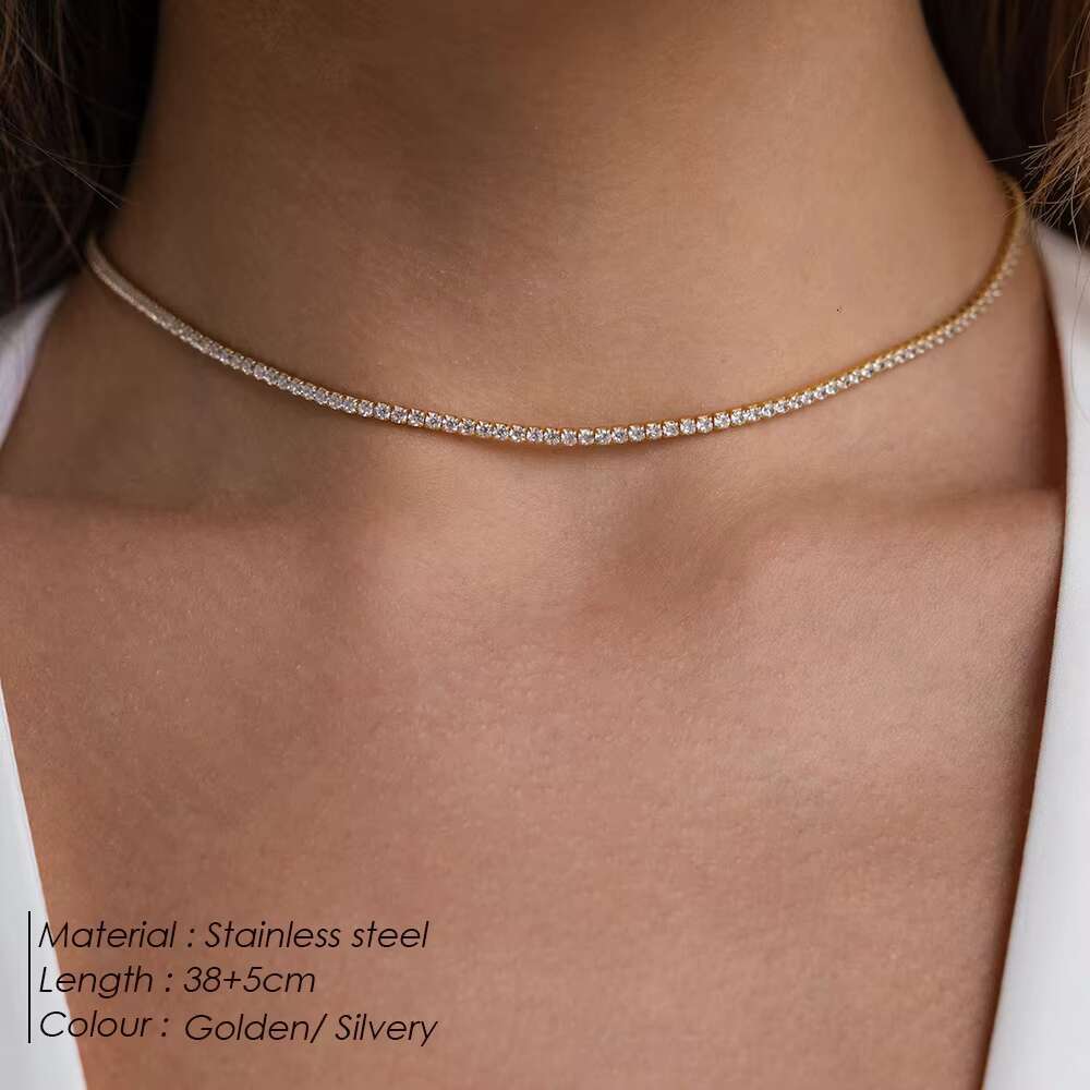 EManco Minimalist Gold Plated Stainless Steel Necklace Diamond Tennis Chain Choker Necklace