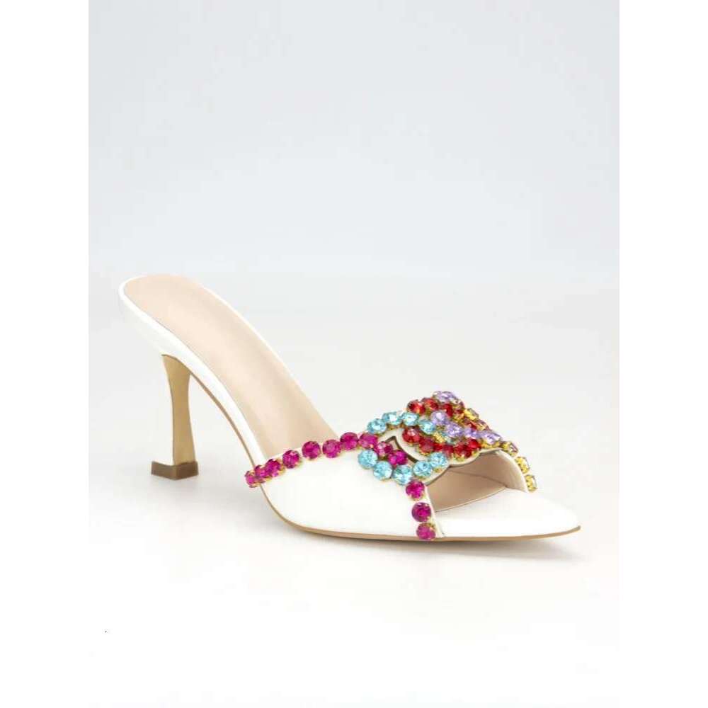Fashion Designer Rhinestone High Heels Pointed Outdoor Slippers Slip Sandals Hollow Women Mules Party Shoes